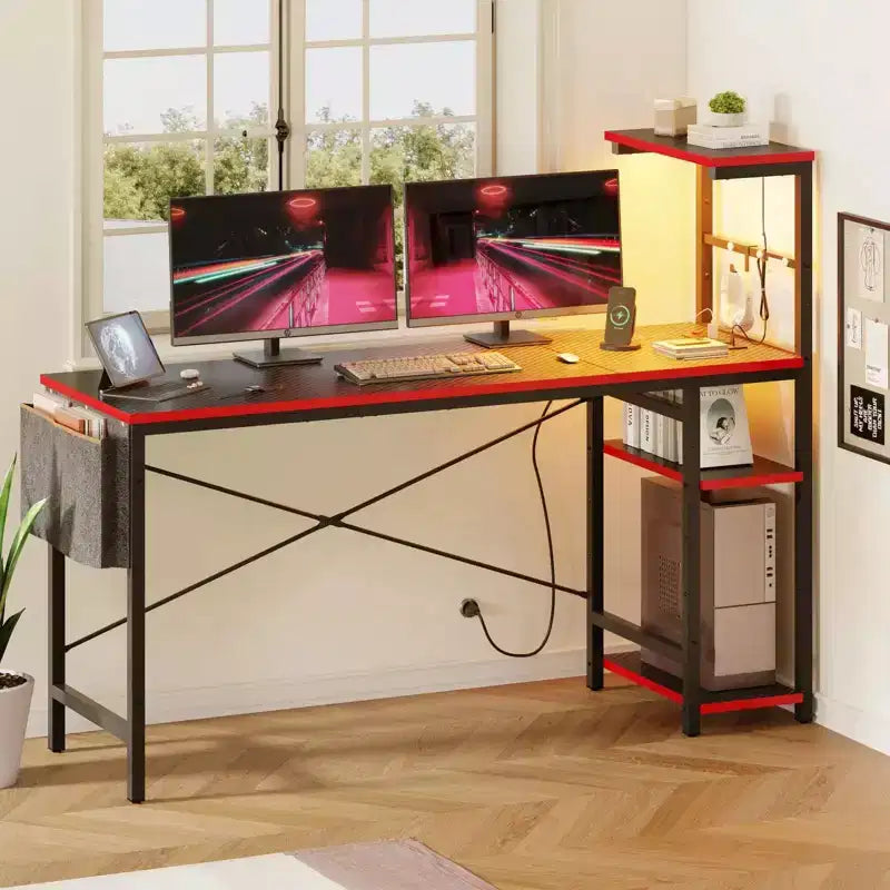 Bureau d'ordinateur de jeu réversible avec prise de courant, bureau LED avec étagères à 4 niveaux