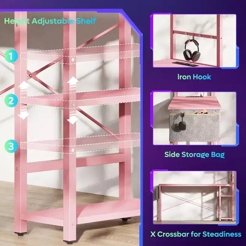 Bureau d'ordinateur de jeu réversible avec prise de courant, bureau LED avec étagères à 4 niveaux