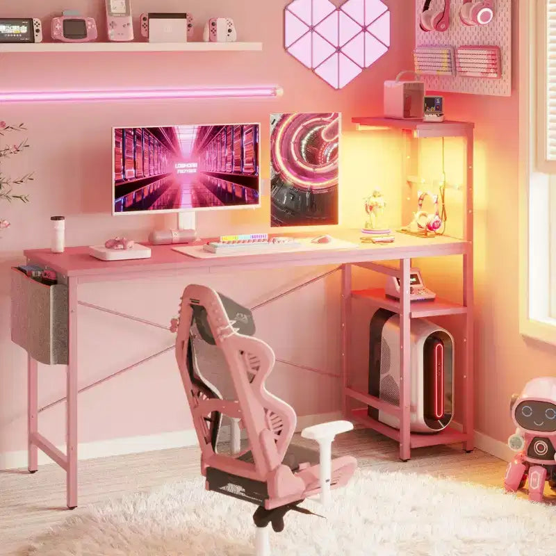 Bureau d'ordinateur de jeu réversible avec prise de courant, bureau LED avec étagères à 4 niveaux