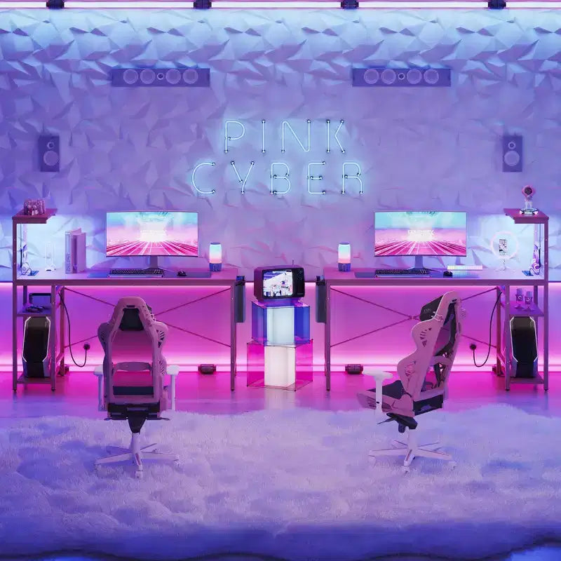 Bureau d'ordinateur de jeu réversible avec prise de courant, bureau LED avec étagères à 4 niveaux