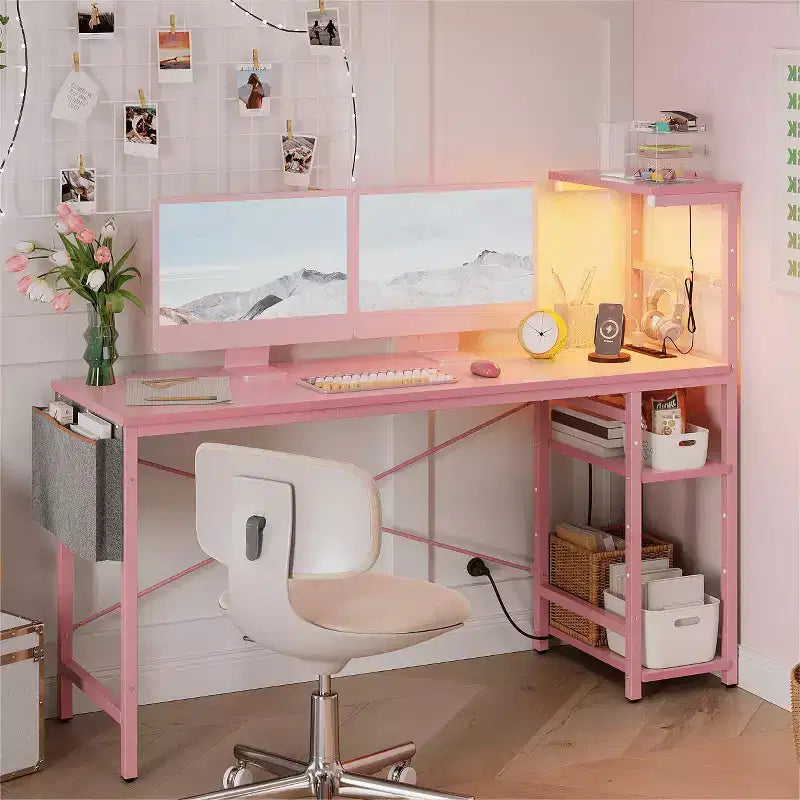 Bureau d'ordinateur de jeu réversible avec prise de courant, bureau LED avec étagères à 4 niveaux
