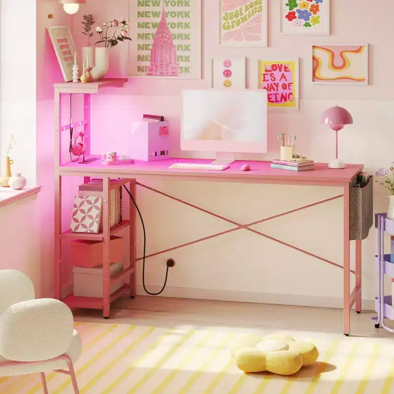 Bureau d'ordinateur de jeu réversible avec prise de courant, bureau LED avec étagères à 4 niveaux
