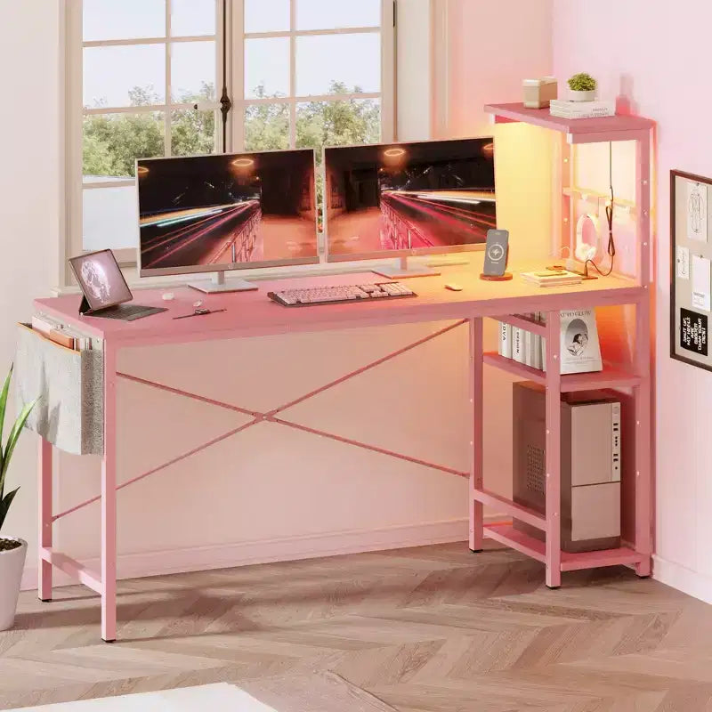 Bureau d'ordinateur de jeu réversible avec prise de courant, bureau LED avec étagères à 4 niveaux