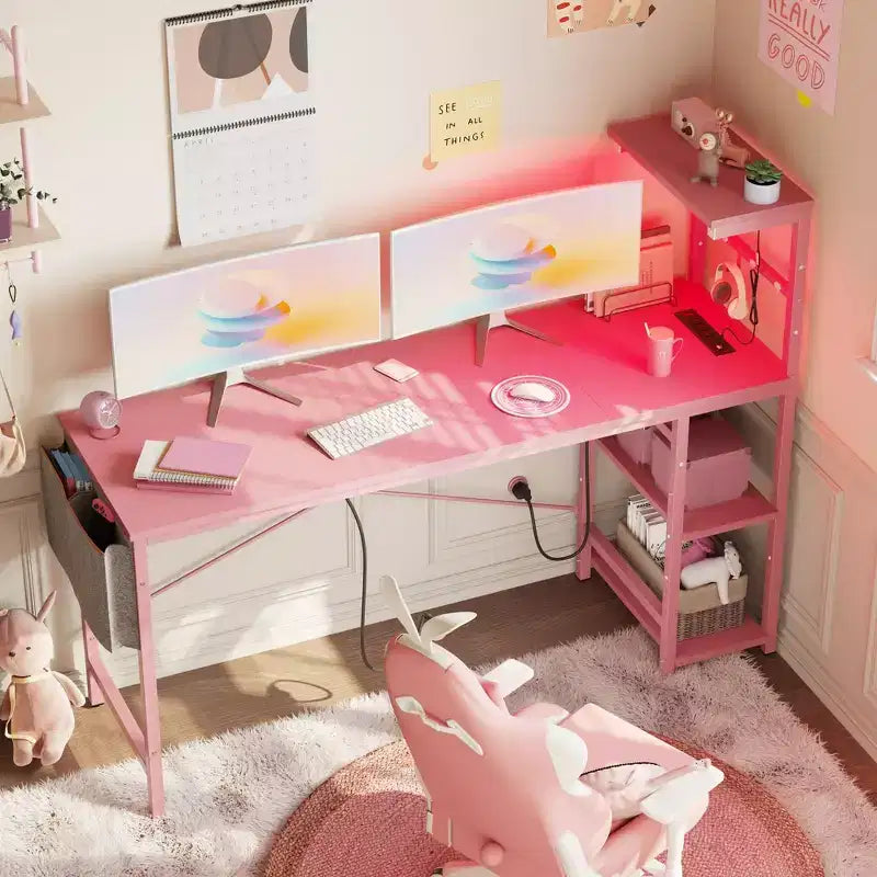 Bureau d'ordinateur de jeu réversible avec prise de courant, bureau LED avec étagères à 4 niveaux