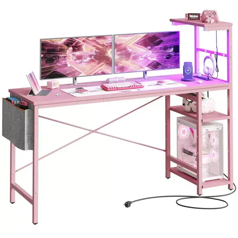 Bureau d'ordinateur de jeu réversible avec prise de courant, bureau LED avec étagères à 4 niveaux