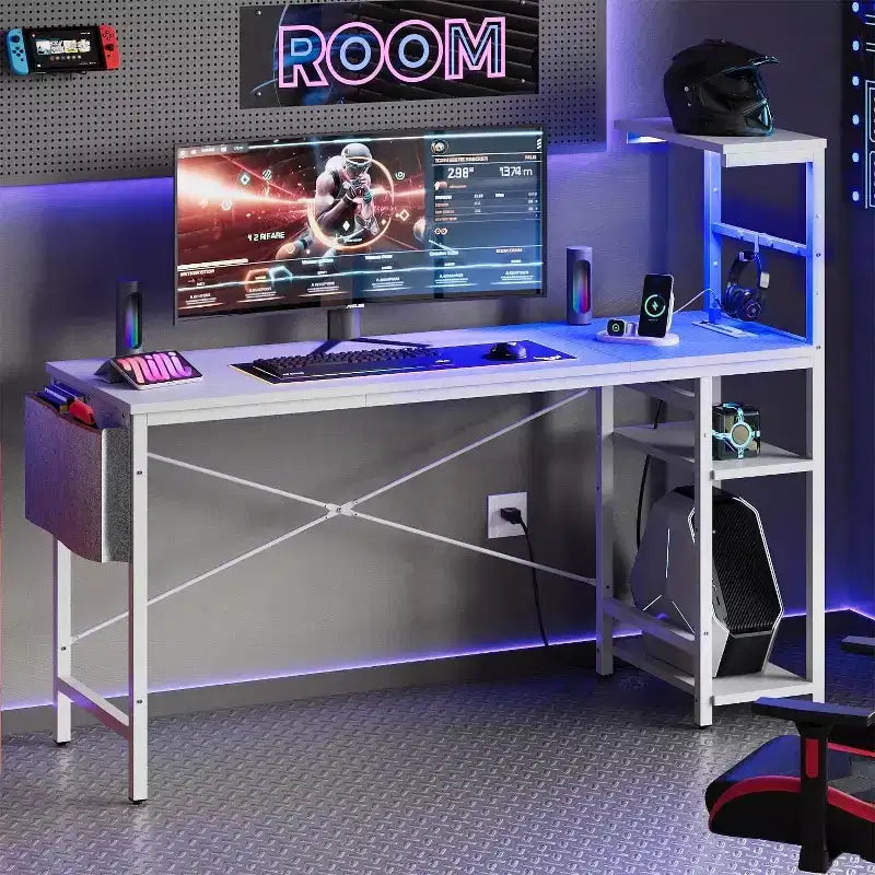 Bureau d'ordinateur de jeu réversible avec prise de courant, bureau LED avec étagères à 4 niveaux