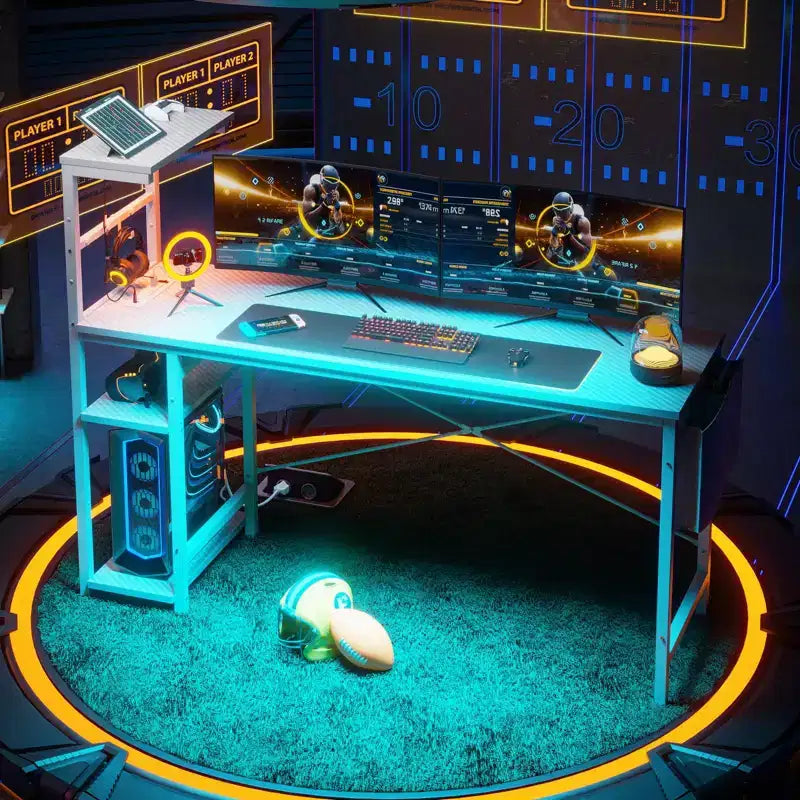 Bureau d'ordinateur de jeu réversible avec prise de courant, bureau LED avec étagères à 4 niveaux