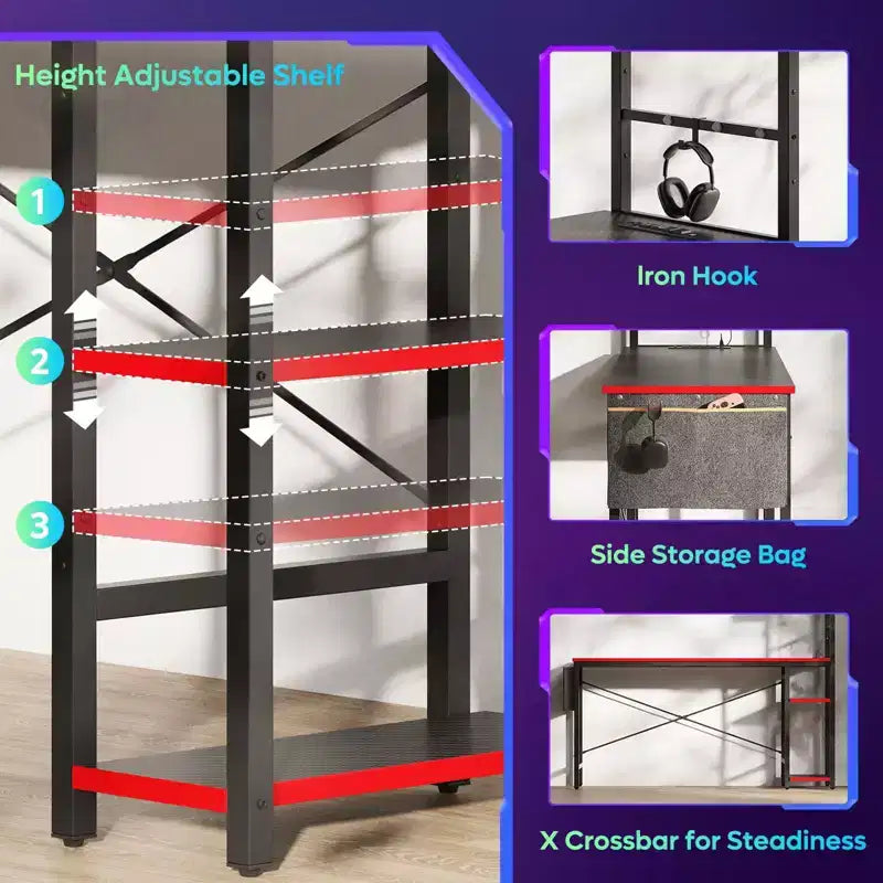 Bureau d'ordinateur de jeu réversible avec prise de courant, bureau LED avec étagères à 4 niveaux