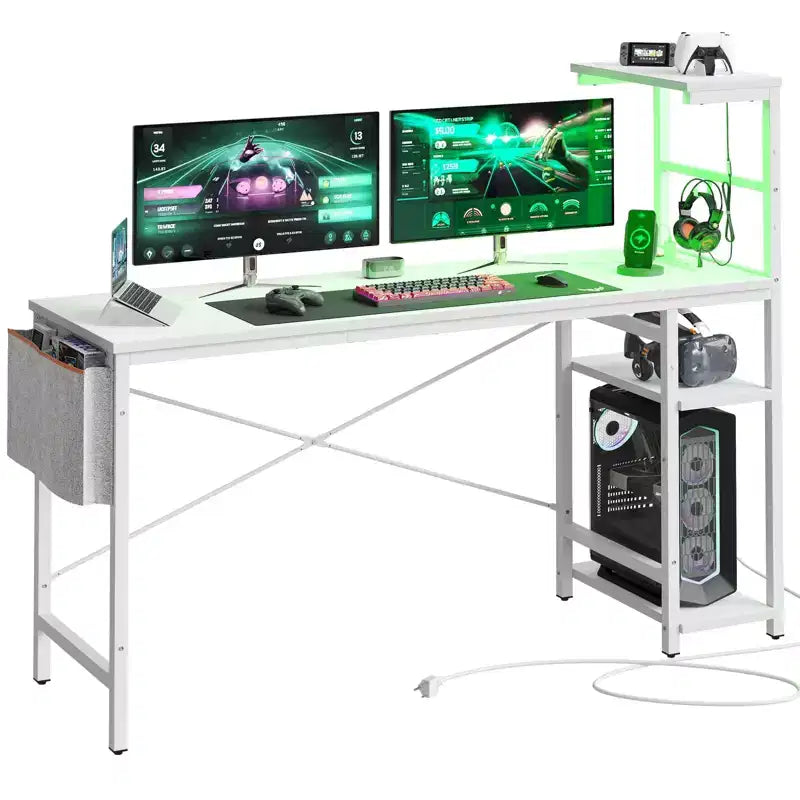 Bureau d'ordinateur de jeu réversible avec prise de courant, bureau LED avec étagères à 4 niveaux