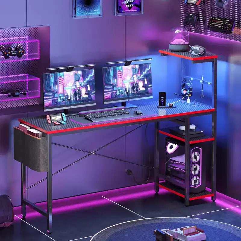 Bureau d'ordinateur de jeu réversible avec prise de courant, bureau LED avec étagères à 4 niveaux