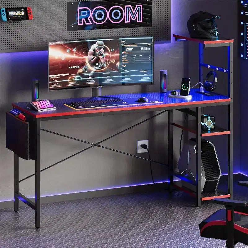 Bureau d'ordinateur de jeu réversible avec prise de courant, bureau LED avec étagères à 4 niveaux