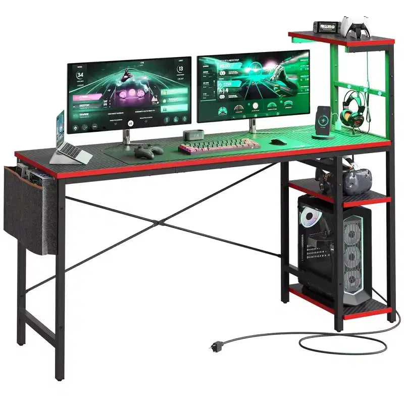 Bureau d'ordinateur de jeu réversible avec prise de courant, bureau LED avec étagères à 4 niveaux