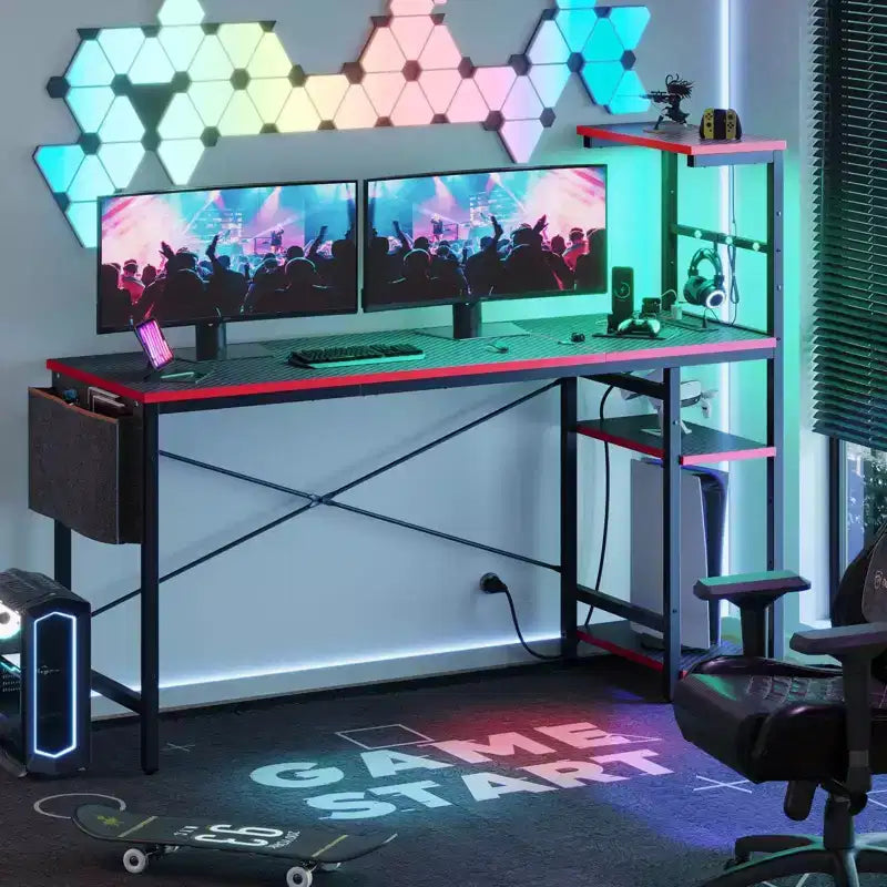 Bureau d'ordinateur de jeu réversible avec prise de courant, bureau LED avec étagères à 4 niveaux