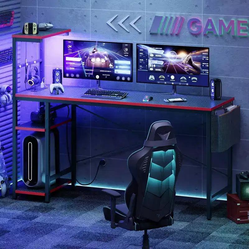 Bestier 61 Reversible Gaming Computer Desk with Power Outlet LED Desk with 4 Tier Shelves