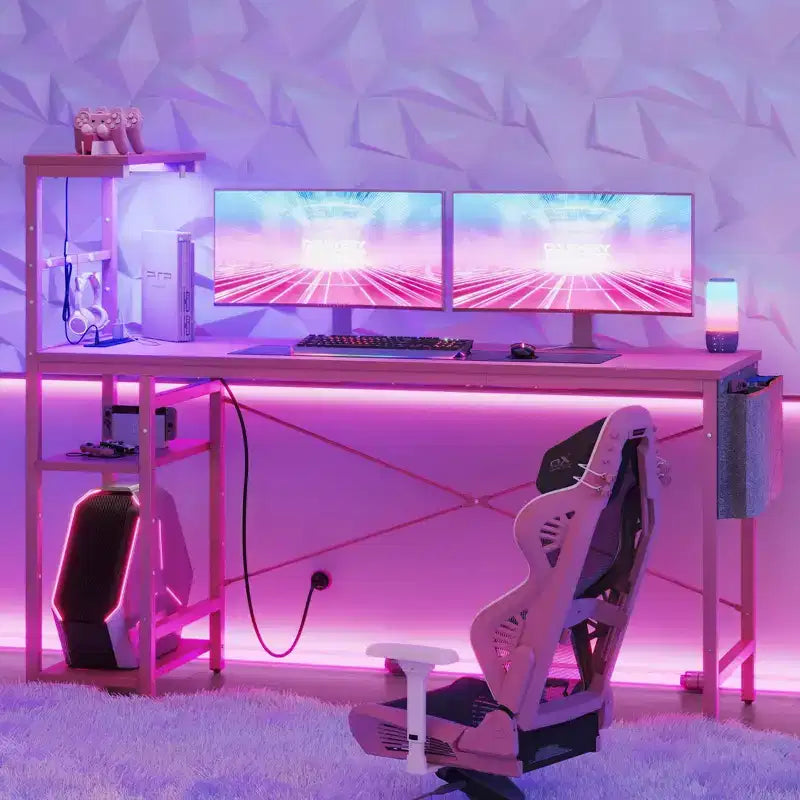Bureau d'ordinateur de jeu réversible avec prise de courant, bureau LED avec étagères à 4 niveaux
