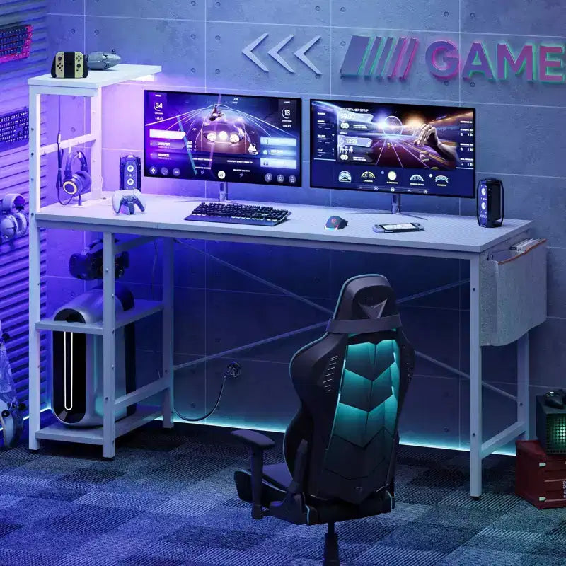 Bureau d'ordinateur de jeu réversible avec prise de courant, bureau LED avec étagères à 4 niveaux