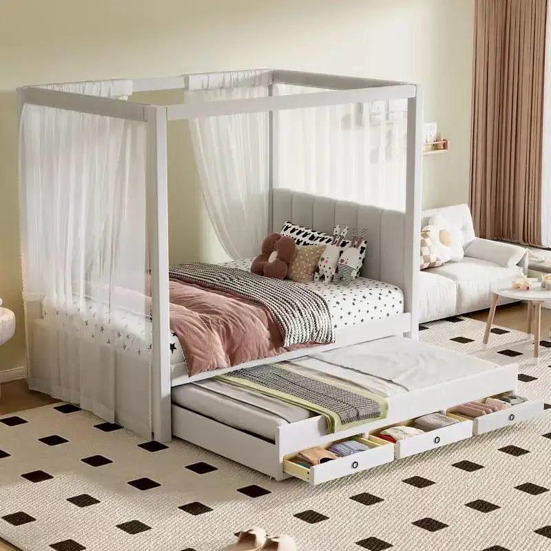 Twin/Full Size Upholstery Canopy Platform Bed with Trundle and 3 Storage Drawers-ModernLuxe