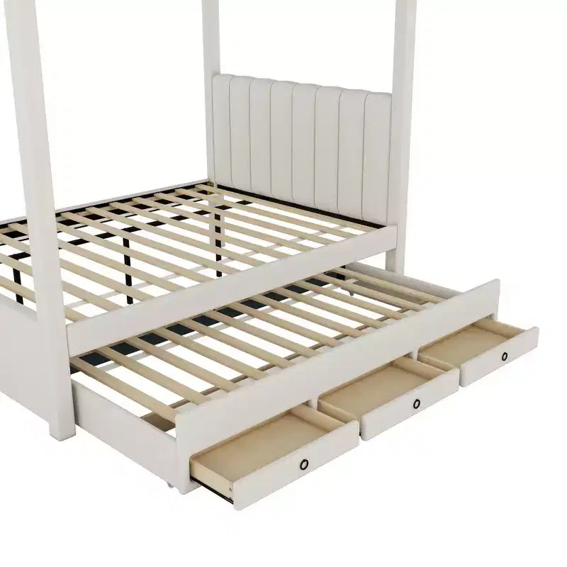 Lit plateforme double/queen size rembourré à baldaquin avec lit gigogne et 3 tiroirs de rangement