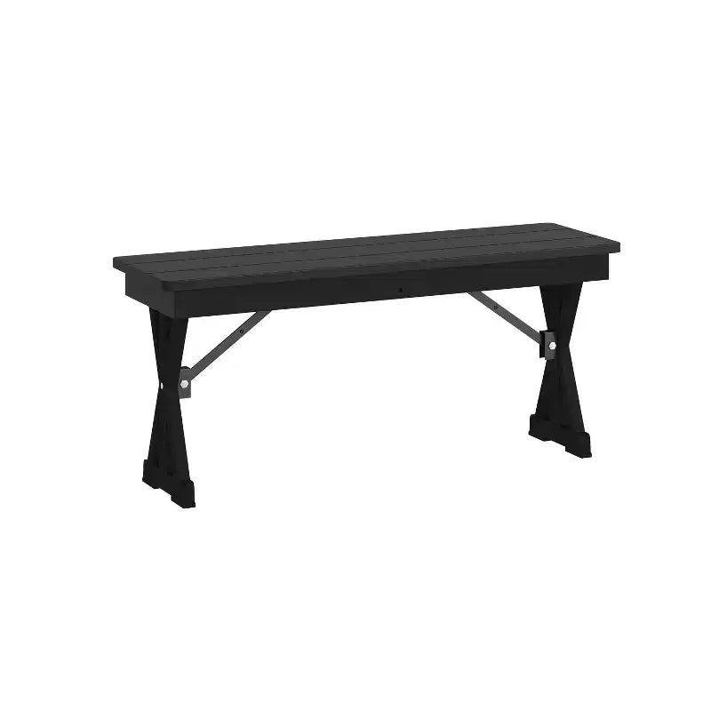 Banc de ferme pliant commercial en pin massif antique de 40 x 12 pouces, noir délavé, avec pieds en X pliables et verrouillables