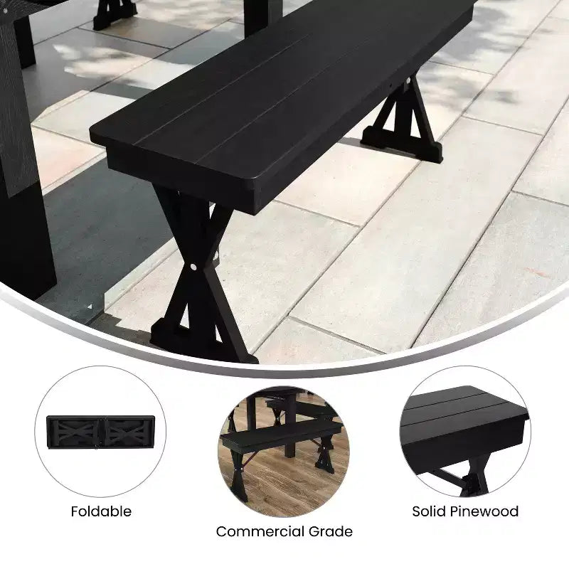 Banc de ferme pliant commercial en pin massif antique de 40 x 12 pouces, noir délavé, avec pieds en X pliables et verrouillables