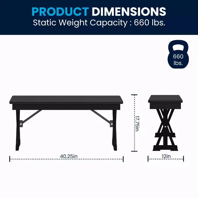 Banc de ferme pliant commercial en pin massif antique de 40 x 12 pouces, noir délavé, avec pieds en X pliables et verrouillables