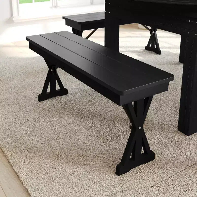 Banc de ferme pliant commercial en pin massif antique de 40 x 12 pouces, noir délavé, avec pieds en X pliables et verrouillables
