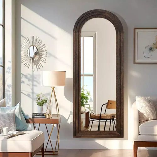 Miroir mural classique en bois massif arqué brun, 21 po l. x 64 po H