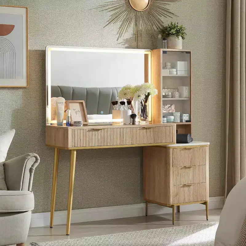 Fluted Makeup Vanity Tables with 36 HD Lighted Mirror, 48 Big Modern Vanity Desk with Glass Top &amp; 5 Drawers &amp; Shelves, Dressing Table
