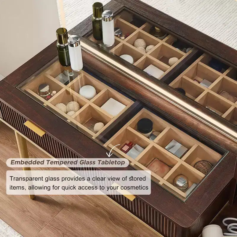 Coiffeuses cannelées avec miroir lumineux HD 36 LED, grande coiffeuse moderne 48" avec plateau en verre et 5 tiroirs et étagères, table de maquillage