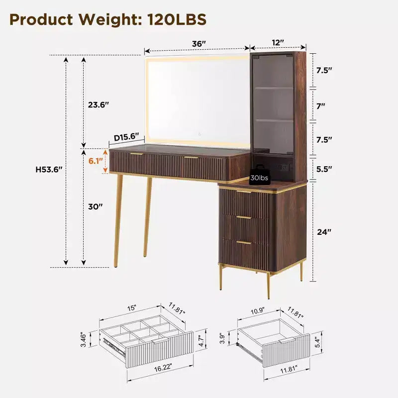 Coiffeuses cannelées avec miroir lumineux HD 36 LED, grande coiffeuse moderne 48" avec plateau en verre et 5 tiroirs et étagères, table de maquillage