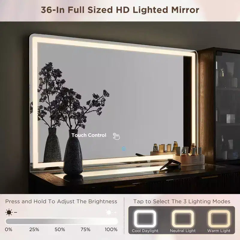 Coiffeuses cannelées avec miroir lumineux HD 36 LED, grande coiffeuse moderne 48" avec plateau en verre et 5 tiroirs et étagères, table de maquillage