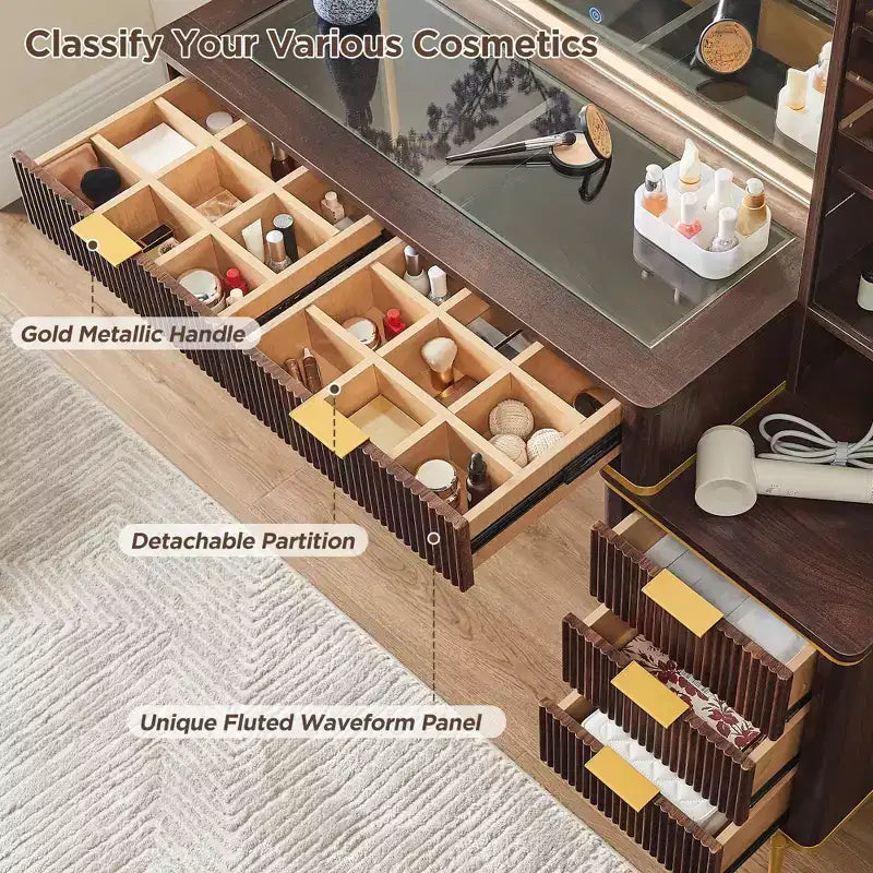 Coiffeuses cannelées avec miroir lumineux HD 36 LED, grande coiffeuse moderne 48" avec plateau en verre et 5 tiroirs et étagères, table de maquillage