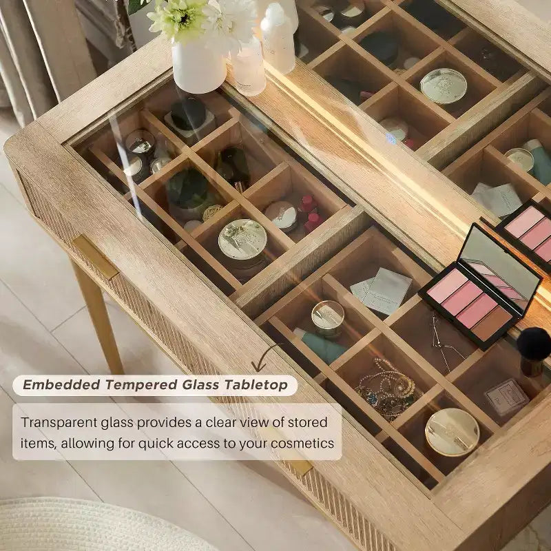 Coiffeuses cannelées avec miroir lumineux HD 36 LED, grande coiffeuse moderne 48" avec plateau en verre et 5 tiroirs et étagères, table de maquillage