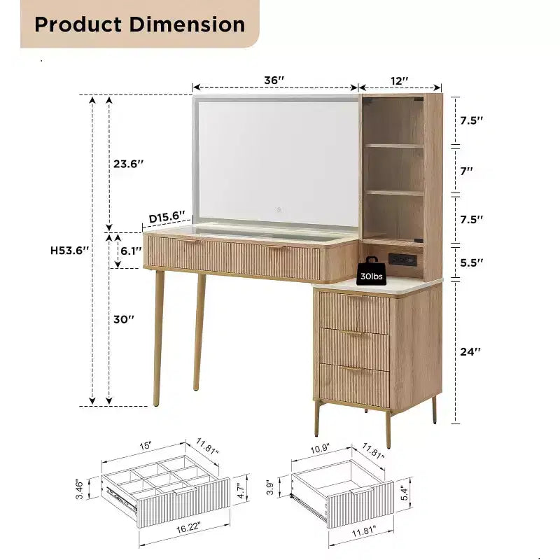 Coiffeuses cannelées avec miroir lumineux HD 36 LED, grande coiffeuse moderne 48" avec plateau en verre et 5 tiroirs et étagères, table de maquillage