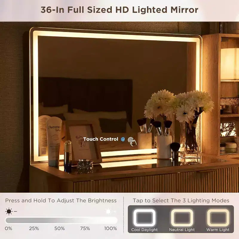 Coiffeuses cannelées avec miroir lumineux HD 36 LED, grande coiffeuse moderne 48" avec plateau en verre et 5 tiroirs et étagères, table de maquillage