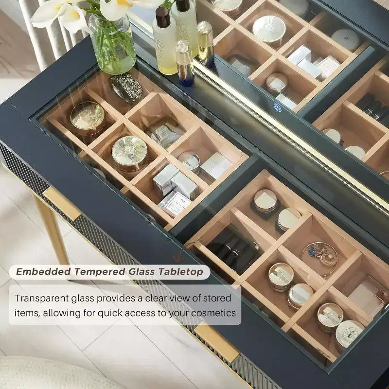 Coiffeuses cannelées avec miroir lumineux HD 36 LED, grande coiffeuse moderne 48" avec plateau en verre et 5 tiroirs et étagères, table de maquillage