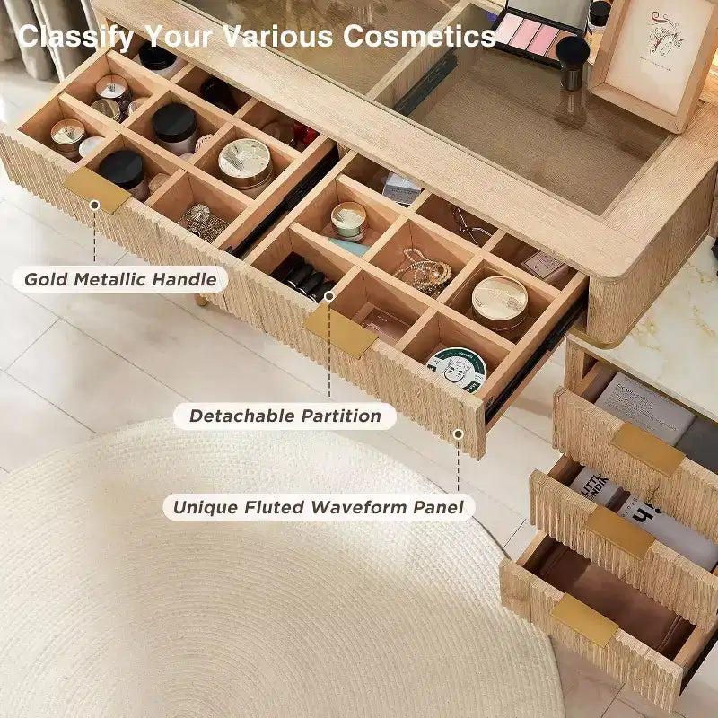 Coiffeuses cannelées avec miroir lumineux HD 36 LED, grande coiffeuse moderne 48" avec plateau en verre et 5 tiroirs et étagères, table de maquillage