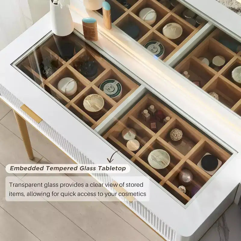 Coiffeuses cannelées avec miroir lumineux HD 36 LED, grande coiffeuse moderne 48" avec plateau en verre et 5 tiroirs et étagères, table de maquillage