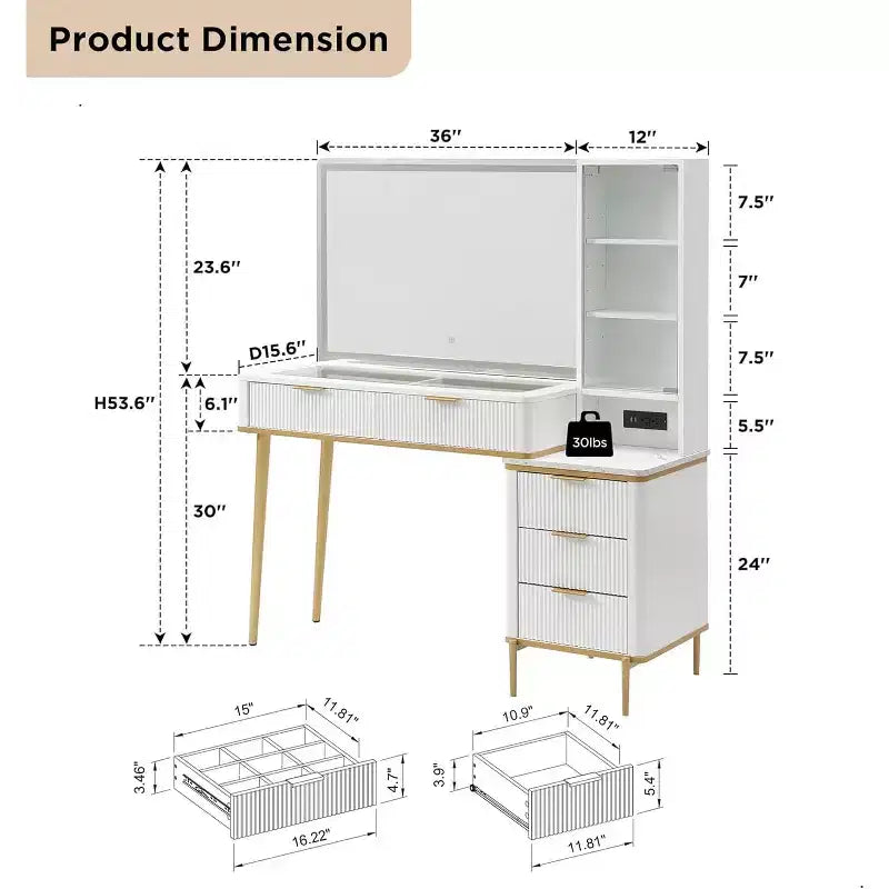 Coiffeuses cannelées avec miroir lumineux HD 36 LED, grande coiffeuse moderne 48" avec plateau en verre et 5 tiroirs et étagères, table de maquillage
