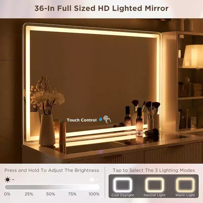 Coiffeuses cannelées avec miroir lumineux HD 36 LED, grande coiffeuse moderne 48" avec plateau en verre et 5 tiroirs et étagères, table de maquillage