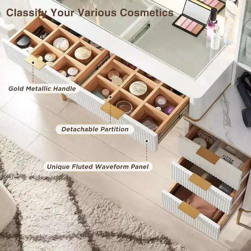 Coiffeuses cannelées avec miroir lumineux HD 36 LED, grande coiffeuse moderne 48" avec plateau en verre et 5 tiroirs et étagères, table de maquillage