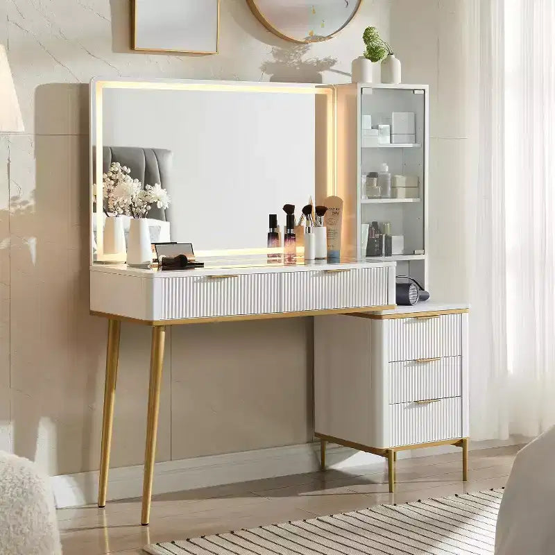 Coiffeuses cannelées avec miroir lumineux HD 36 LED, grande coiffeuse moderne 48" avec plateau en verre et 5 tiroirs et étagères, table de maquillage