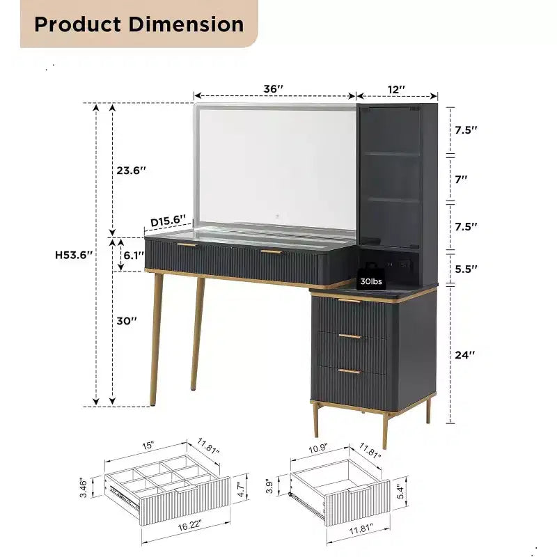 Coiffeuses cannelées avec miroir lumineux HD 36 LED, grande coiffeuse moderne 48" avec plateau en verre et 5 tiroirs et étagères, table de maquillage