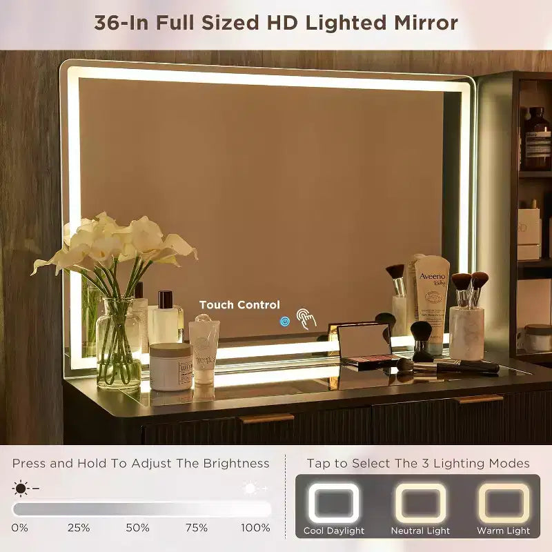 Coiffeuses cannelées avec miroir lumineux HD 36 LED, grande coiffeuse moderne 48" avec plateau en verre et 5 tiroirs et étagères, table de maquillage