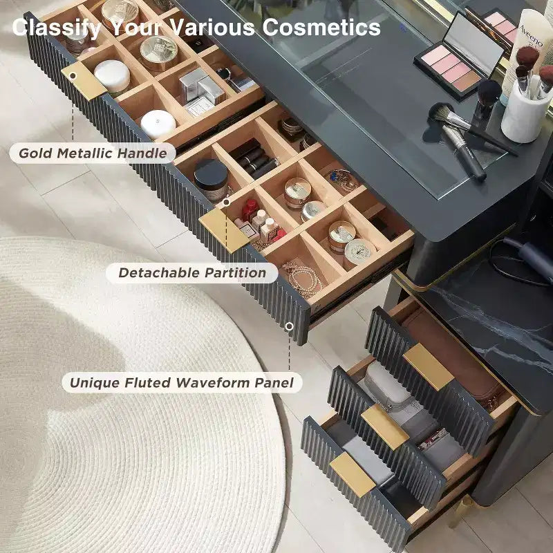 Coiffeuses cannelées avec miroir lumineux HD 36 LED, grande coiffeuse moderne 48" avec plateau en verre et 5 tiroirs et étagères, table de maquillage