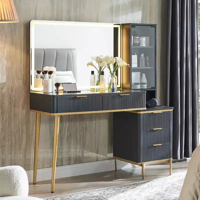 Coiffeuses cannelées avec miroir lumineux HD 36 LED, grande coiffeuse moderne 48" avec plateau en verre et 5 tiroirs et étagères, table de maquillage