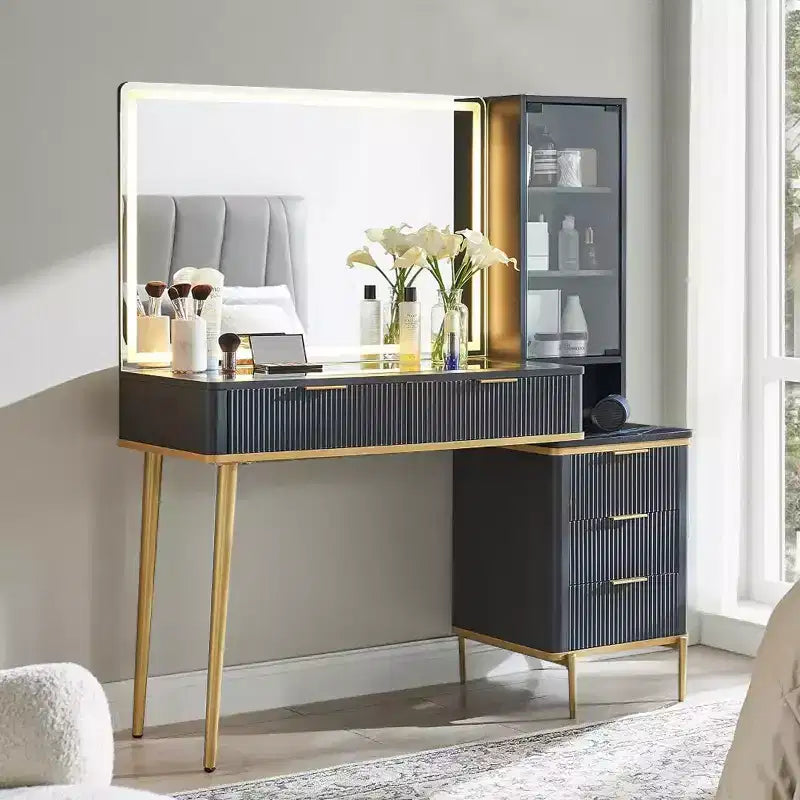 Coiffeuses cannelées avec miroir lumineux HD 36 LED, grande coiffeuse moderne 48" avec plateau en verre et 5 tiroirs et étagères, table de maquillage