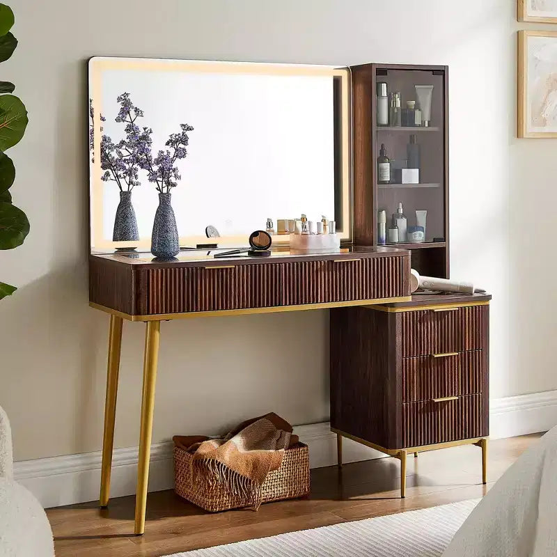 Coiffeuses cannelées avec miroir lumineux HD 36 LED, grande coiffeuse moderne 48" avec plateau en verre et 5 tiroirs et étagères, table de maquillage