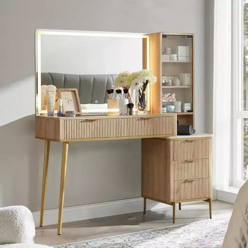 Coiffeuses cannelées avec miroir lumineux HD 36 LED, grande coiffeuse moderne 48" avec plateau en verre et 5 tiroirs et étagères, table de maquillage