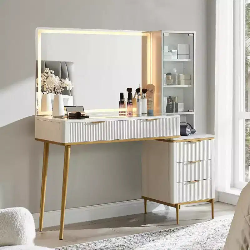 Coiffeuses cannelées avec miroir lumineux HD 36 LED, grande coiffeuse moderne 48" avec plateau en verre et 5 tiroirs et étagères, table de maquillage